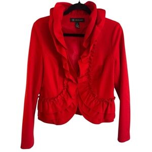 INC Red Ruffle Peplum Blazer Womens M Open Front Stretch Fitted Jacket